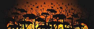 Avustralya 'daki yangınlardan kaçan orman üzerinde uçan kuş siluetleri çalılıklarda ölen hayvanlar. Doğal afet kavramı. Yoğun turuncu alevler yatay vektör çizimleri.