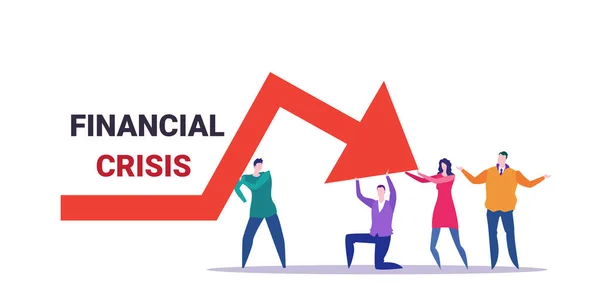 Business speople team gefrustreerd over de economische pijl naar beneden vallen financiële crisis failliet investeringsrisico concept business mensen houden rode kaart bewegen naar beneden volledige lengte horizontaal — Stockvector