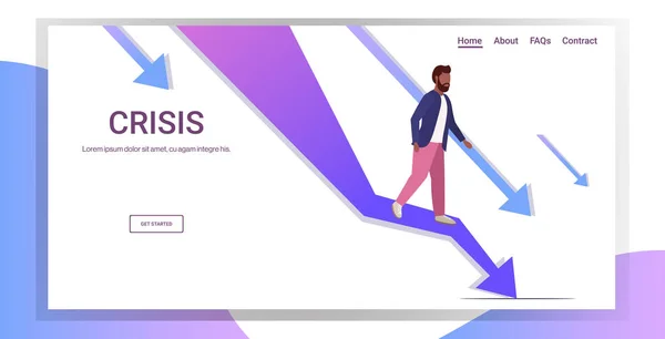 Empresário estressante em pé em queda gráfico gráfico de seta econômica para baixo crise financeira conceito de risco de falha de investimento falido comprimento total horizontal —  Vetores de Stock