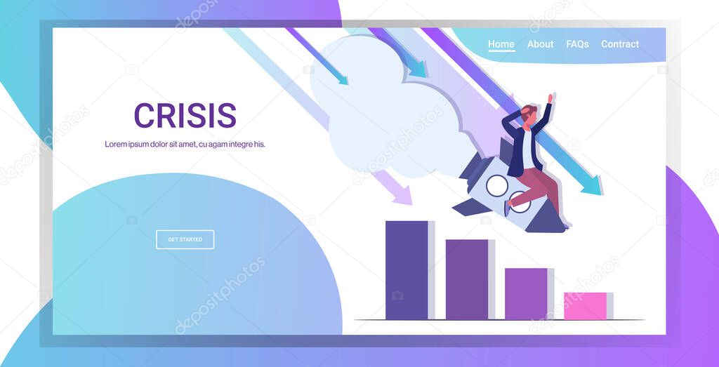 businessman flying down on rocket startup failure crash project financial crisis bankruptcy business falling concept downward chart graph horizontal copy space full length