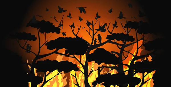 野火の森を飛び越える鳥のシルエットブッシュファイア自然災害のコンセプト強いオレンジの炎水平 — ストックベクタ