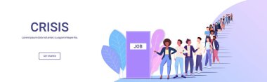 businesspeople candidates standing in line queue to door office hiring job employment crisis concept mix race workers crowd waiting for interview horizontal full length copy space