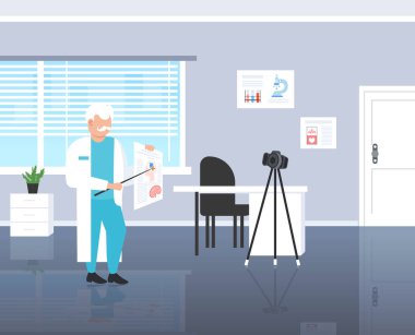 Psikolog doktor blogcu, insan beyninin video kaydını kamerayla üç ayaklı tıp psikoloji blog konsepti modern klinik iç mekan tam boy yatay
