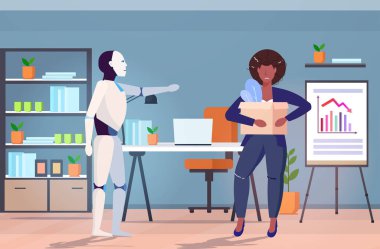 robot kicked human away from work modern robotic character replacing businesswoman artificial intelligence domination concept modern office interior horizontal full length