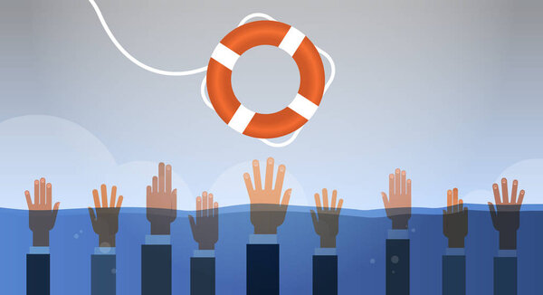 утопление бизнесменов руками в воде, получение одного спасательного буя, помогающего бизнесу выжить поддержка концепции спасения горизонтальной
