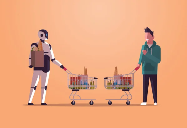 Robot and human pushing trolley carts full of groceries robotic character vs man standing together shopping artificial intelligence technology concept flat full length horizontal — ストックベクタ
