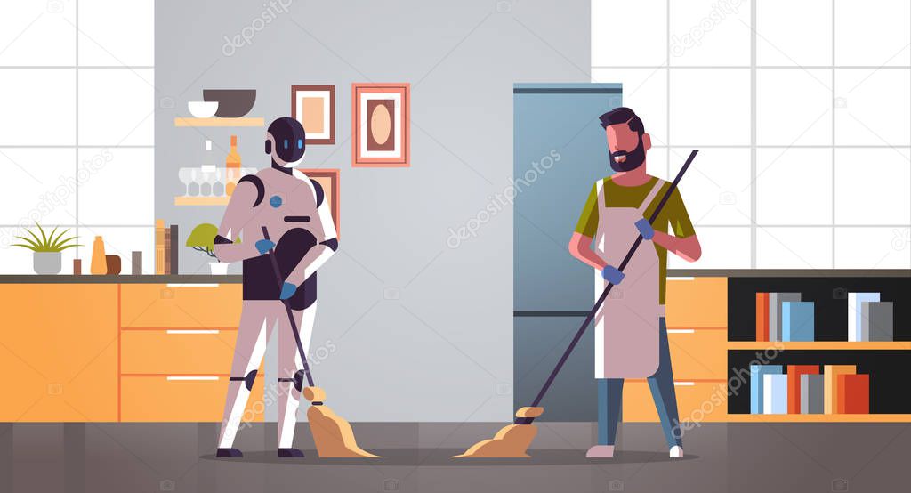 robotic janitor with man cleaner sweeping and cleaning robot vs human standing together artificial intelligence technology concept modern kitchen interior full length horizontal