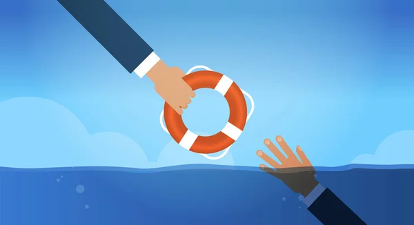 Drowning businessmn hand in water getting lifebuoy from another businessperson helping business to survive support rescue concept horizontal — Stock Vector