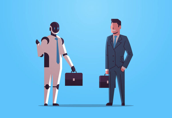 robot and human businessmen holding briefcases robotic character vs man businesspeople standing together business artificial intelligence technology concept flat full length horizontal
