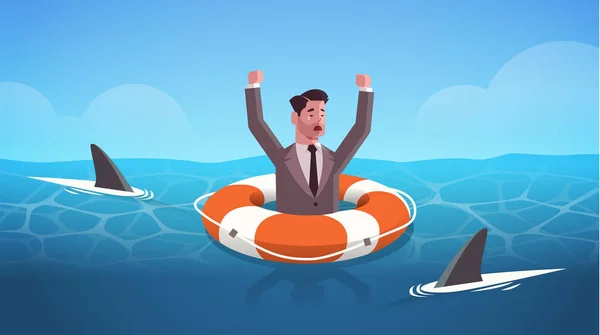 Businessman raising hands inside lifebuoy in water full of shark helping business to survive help support financial crisis frustration concept horizontal portrait — ストックベクタ