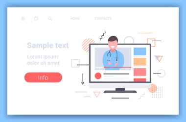 Doktor blogcu internet sağlık konsepti monitörü video oynatıcı yatay kopya alanı tarafından tıbbi danışma yardımı hakkında bilgi veriyor