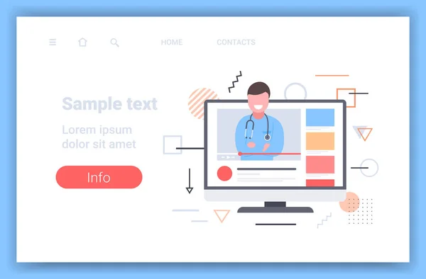 Médico blogueiro dando informações sobre medicina consulta médica online assistência pela internet conceito de saúde monitor tela vídeo player horizontal espaço de cópia —  Vetores de Stock