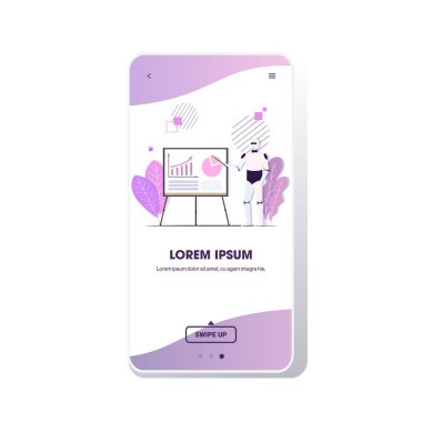 business robot presenting financial graph diagram on flip chart artificial intelligence technology presentation concept full length smartphone screen mobile app copy space
