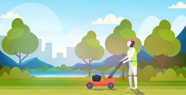 Robot moderne coupe herbe avec tondeuse robot jardinier intelligence artificielle technologie jardinage concept parc urbain paysage fond horizontal pleine longueur — Image vectorielle