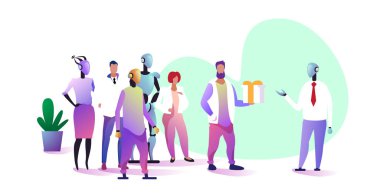 Robot meslektaşları olan iş adamları, insan yapay zeka teknolojisi kavramına karşı baş insansı robota tam boy yatay bir sürpriz yapıyor.