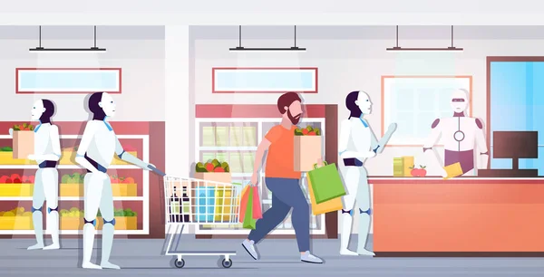 Robôs e pessoas em pé fila de linha para caixa robótica conceito de tecnologia de inteligência artificial supermercado moderno mercearia interior comprimento total horizontal —  Vetores de Stock
