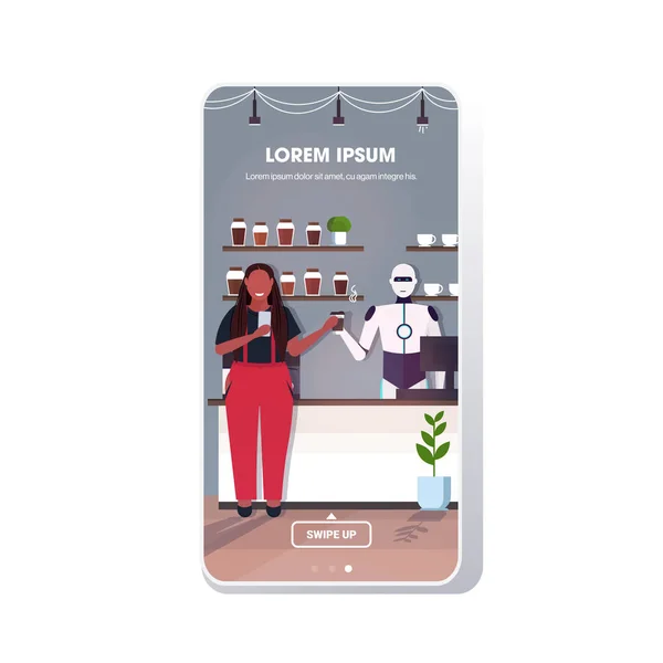 Robot barista moderne servant du café à une femme afro-américaine concept de technologie d'intelligence artificielle moderne café intérieur smartphone écran application mobile pleine longueur espace de copie — Image vectorielle