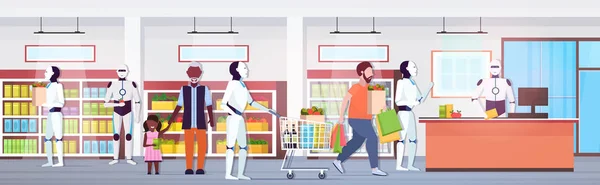 Robôs e pessoas em pé fila de linha para caixa robótica conceito de tecnologia de inteligência artificial supermercado moderno mercearia interior comprimento total horizontal — Vetor de Stock
