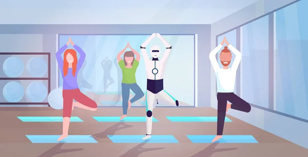 Robot con le persone che fanno esercizi di yoga in piedi albero posa asana intelligenza artificiale concetto di tecnologia personaggio robotico vs umano moderno studio interno orizzontale piena lunghezza — Vettoriale Stock