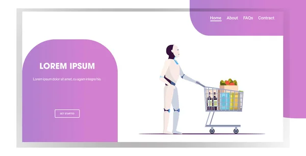 Robot pushing trolley cart full of groceries artificial intelligence technology shopping concept full length horizontal copy space — Stockvector