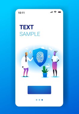 iki robot parmak izi korumalı koruma veri koruması güvenlik yapay zeka teknolojisi konsepti mobil uygulama akıllı telefon ekranı dikey tam uzunlukta kopyalama alanı