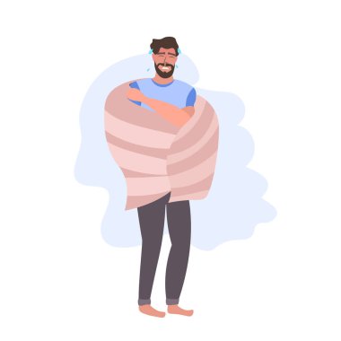 man in sweat catching cold covered with blanket guy having high temperature influenza infection symptoms flu sickness full length
