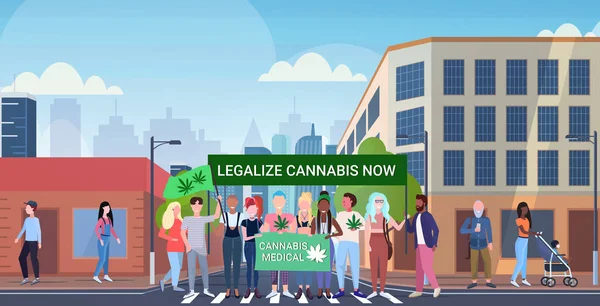 Mix race people holding legalize cannabis now protest poster medical marijuana legalization drugs consumption concept modern city street cityscape background horizontal full length — Stock vektor