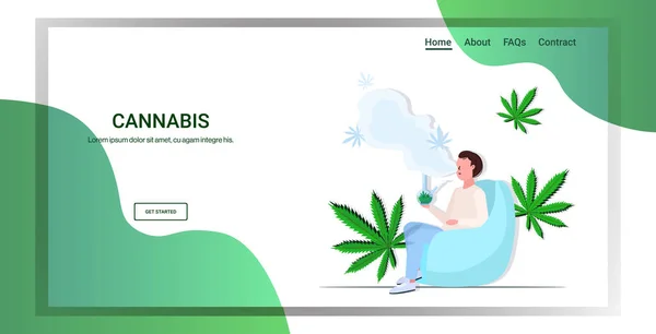 Hombre fumar cannabis con marihuana bong legalización consumo de drogas concepto de longitud completa espacio de copia horizontal — Vector de stock