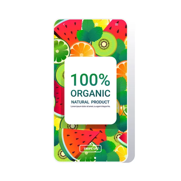 Natural healthy organic product fresh food online mobile app smartphone screen fruits background copy space — 图库矢量图片