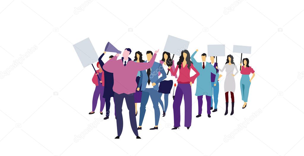 businesspeople protesters holding protest posters men women with blank vote placards demonstration speech political freedom concept horizontal full length