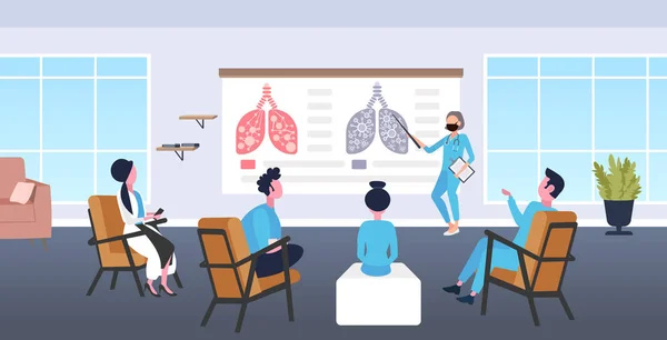 Doctor showing injured lungs with coronavirus symptoms on medical board presentation for medical workers in conference room epidemic MERS-CoV virus wuhan 2019-nCoV horizontal full length — Stock Vector