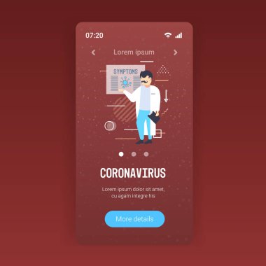 doctor pointing at medical board with coronavirus symptoms epidemic MERS-CoV virus wuhan 2019-nCoV smartphone screen mobile app full length copy space