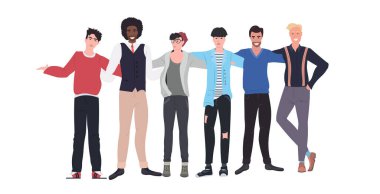 mix race men standing together male cartoon characters embracing full length flat horizontal