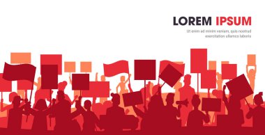 silhouette of people crowd protesters holding protest posters men women with blank vote placards demonstration speech political freedom concept horizontal portrait copy space