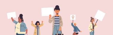 mix race activists protesting holding placards with female gender sign feminist demonstration girl power movement rights protection women empowerment concept portrait horizontal