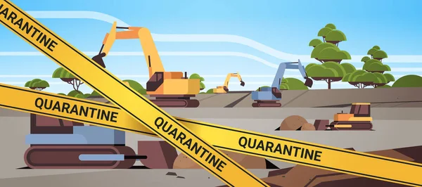 Epidemic MERS-CoV quarantine caution on yellow warning tape opencast quarry with bulldozers coronavirus infection wuhan 2019-nCoV pandemic health risk concept horizontal — Stockvektor