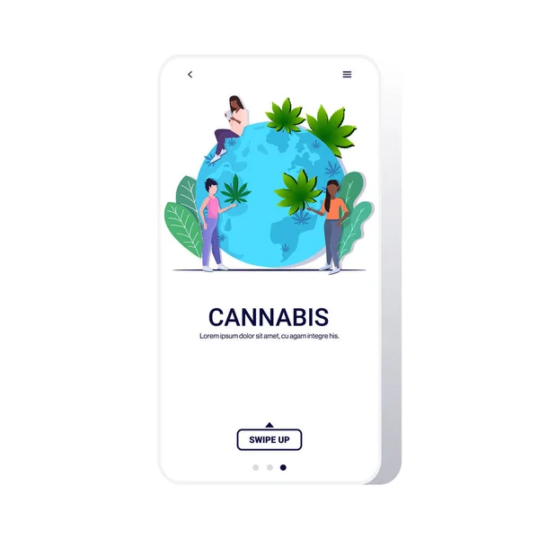 Mix race women putting cannabis leaves on world map global marijuana legalization drugs consumption concept smartphone screen mobile app copy space — Stock Vector