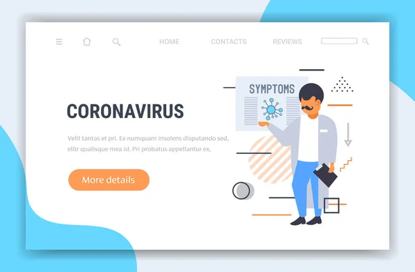 Doctor pointing at medical board with coronavirus symptoms epidemic MERS-CoV virus wuhan 2019-nCoV horizontal full length copy space — Stock Vector