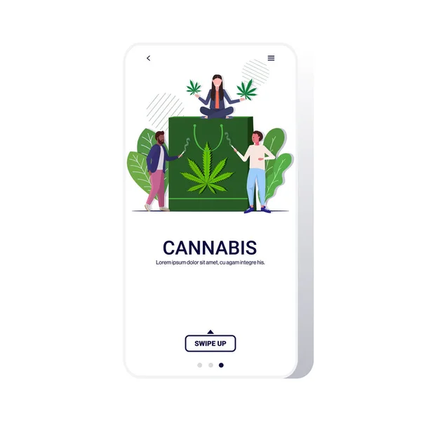 Mix race people smoking joint drugs consumption legalize cannabis addiction concept shopping bag with marijuana leaf full length smartphone screen mobile app copy space — Stock Vector