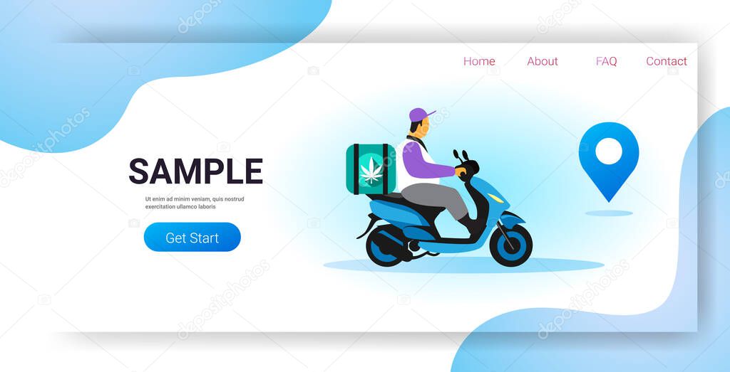 courier man riding scooter medical marijuana cannabis delivery service drug consumption concept horizontal full length copy space