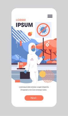 Tehlikeli madde giysileri içindeki kadın elinde Coronavirus pankartı salgını Mers-Cov wuhan virüsü 2019-ncov salgını sağlık riski olan arka plan akıllı telefon ekranı mobil uygulama dikey kopyalama alanı