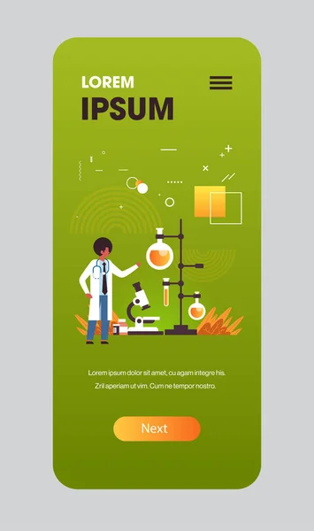 Chimiste masculin utilisant un microscope coronavirus échantillon biologique pour analyse en cas d'épidémie de laboratoire MERS-CoV wuhan 2019-nCoV pandémie santé médicale copie du risque espace pleine longueur application mobile — Image vectorielle