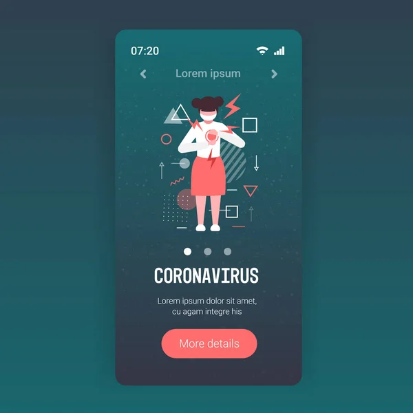 Küçük kız kalp krizi Coronavirus enfeksiyonu semptomları salgın Mers-Cov virüsü wuhan 2019-ncov akıllı telefon mobil mobil uygulama tam boy fotokopi alanı — Stok Vektör