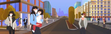 Mers-Cov wuhan coronavirus 2019-ncov salgınını önlemek için koruyucu maskeler takan Asyalılar, kadınların şehir yatay manzarasında yürümesi riskini göze alıyorlar.