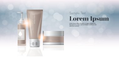 Kozmetik kaplar seti şişeleri yüz spa ürünleri doğal kozmetoloji cilt bakımı markalaştırma konsepti yatay kopyalama alanı