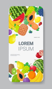 çeşitli taze meyve kompozisyonu sağlıklı doğal gıda kavramı akıllı telefon ekranı mobil uygulaması dikey olarak kopyala