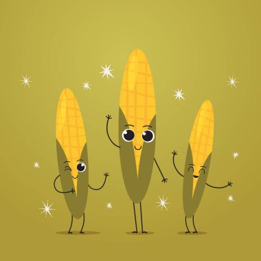Şirin taze mısır karakterleri, lezzetli maskotlar, sebzeler sağlıklı gıda konsepti.