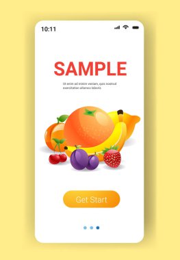 çeşitli taze meyve kompozisyonu sağlıklı doğal gıda kavramı akıllı telefon ekranı mobil uygulaması dikey olarak kopyala