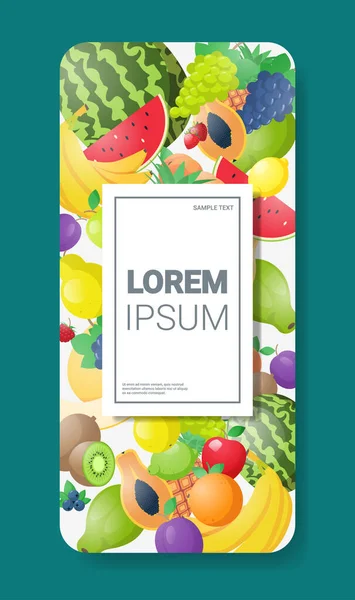 Diverse verse sappige fruit samenstelling gezonde natuurlijke voeding concept smartphone scherm mobiele app kopiëren ruimte verticaal — Stockvector