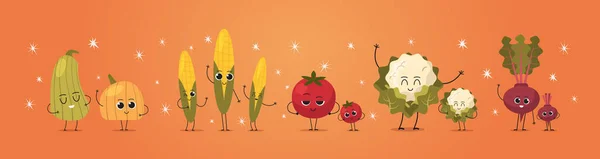 可爱的吉祥物南瓜玉米番茄萝卜菜花蔬菜人物形象滑稽卡通人物站在一起健康食品的概念水平 — 图库矢量图片